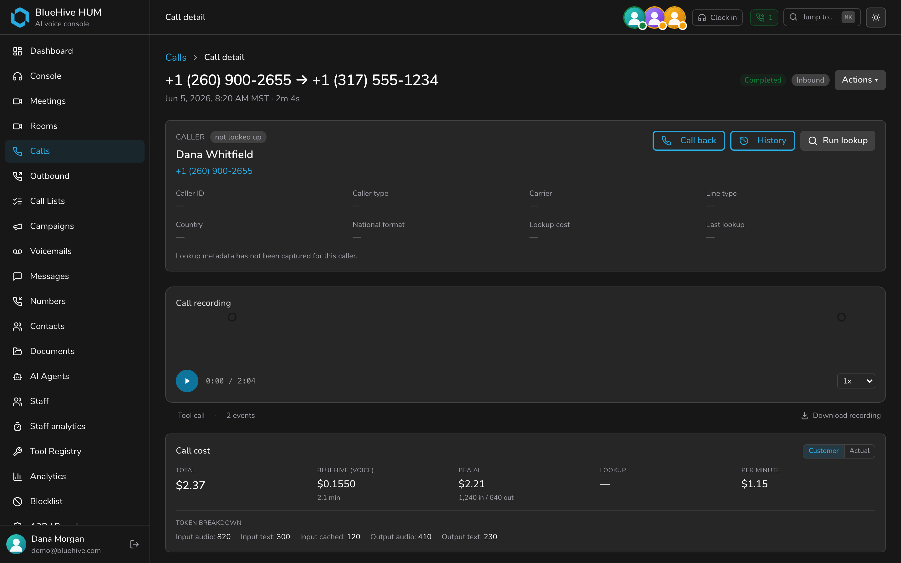 Live call insights, cost, and transcript — dark