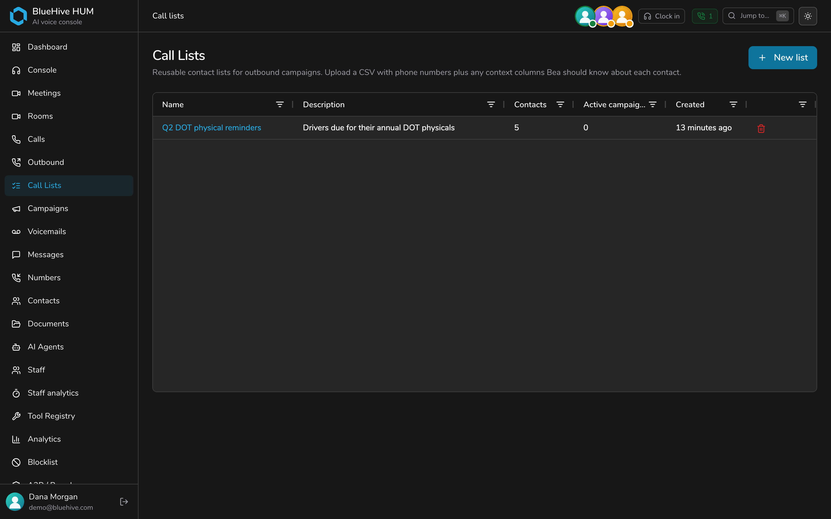 Call lists — dark