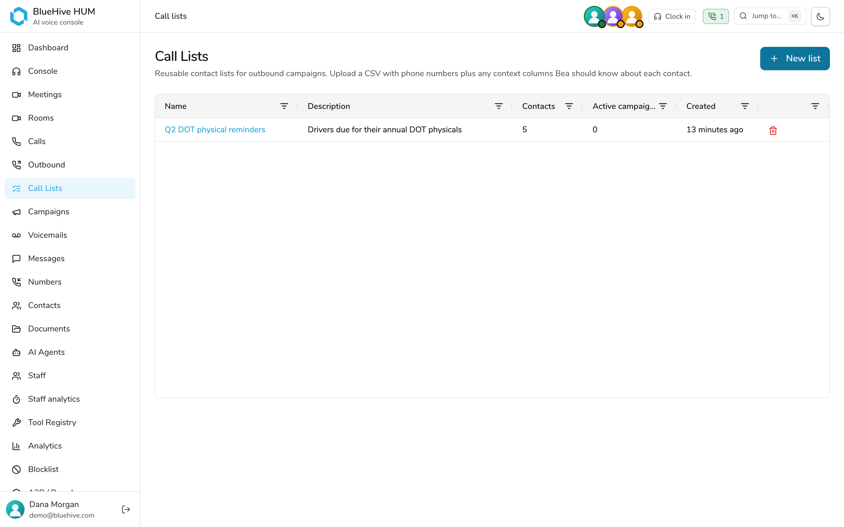 Call lists — light