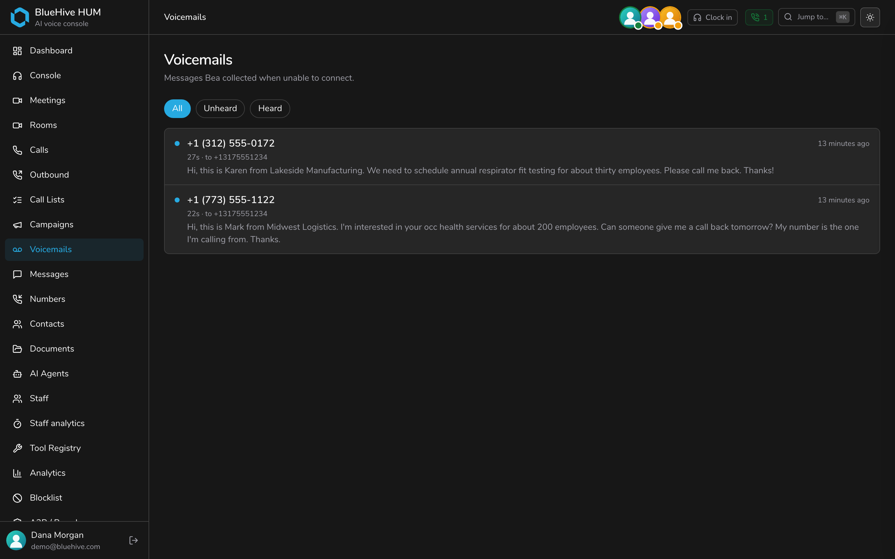 Voicemail with spam controls — dark