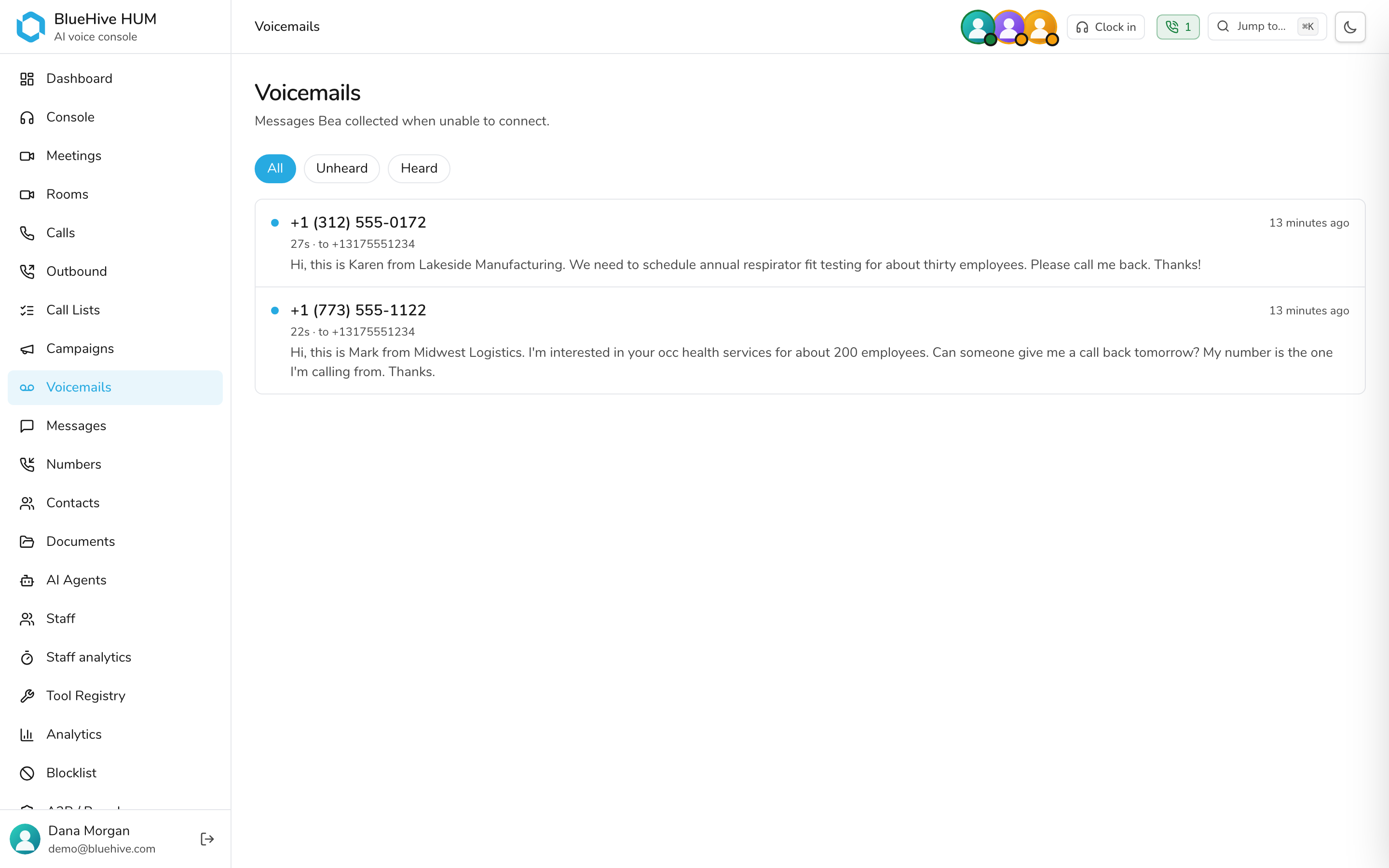 Voicemail with spam controls — light