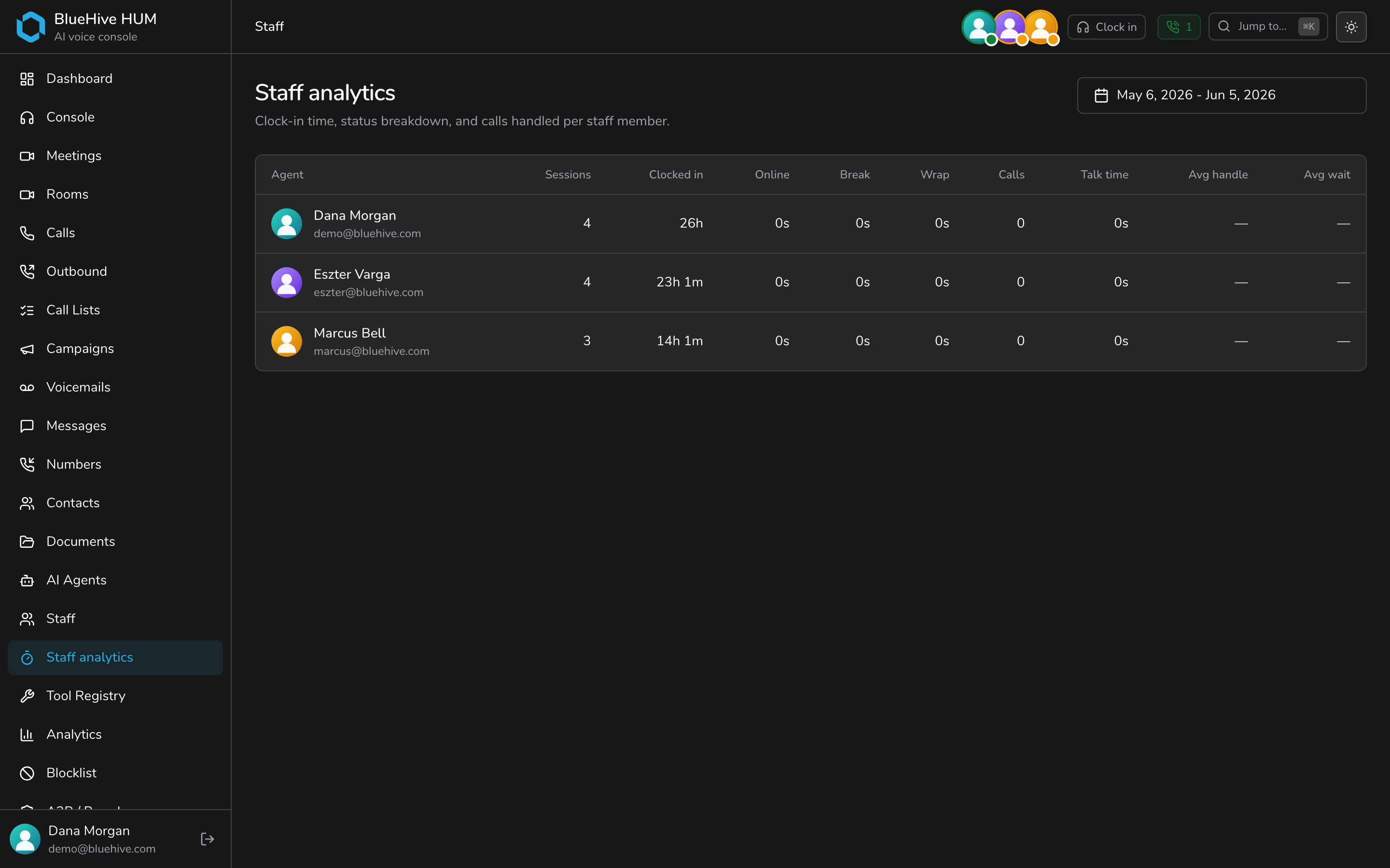 Agent time tracking — dark