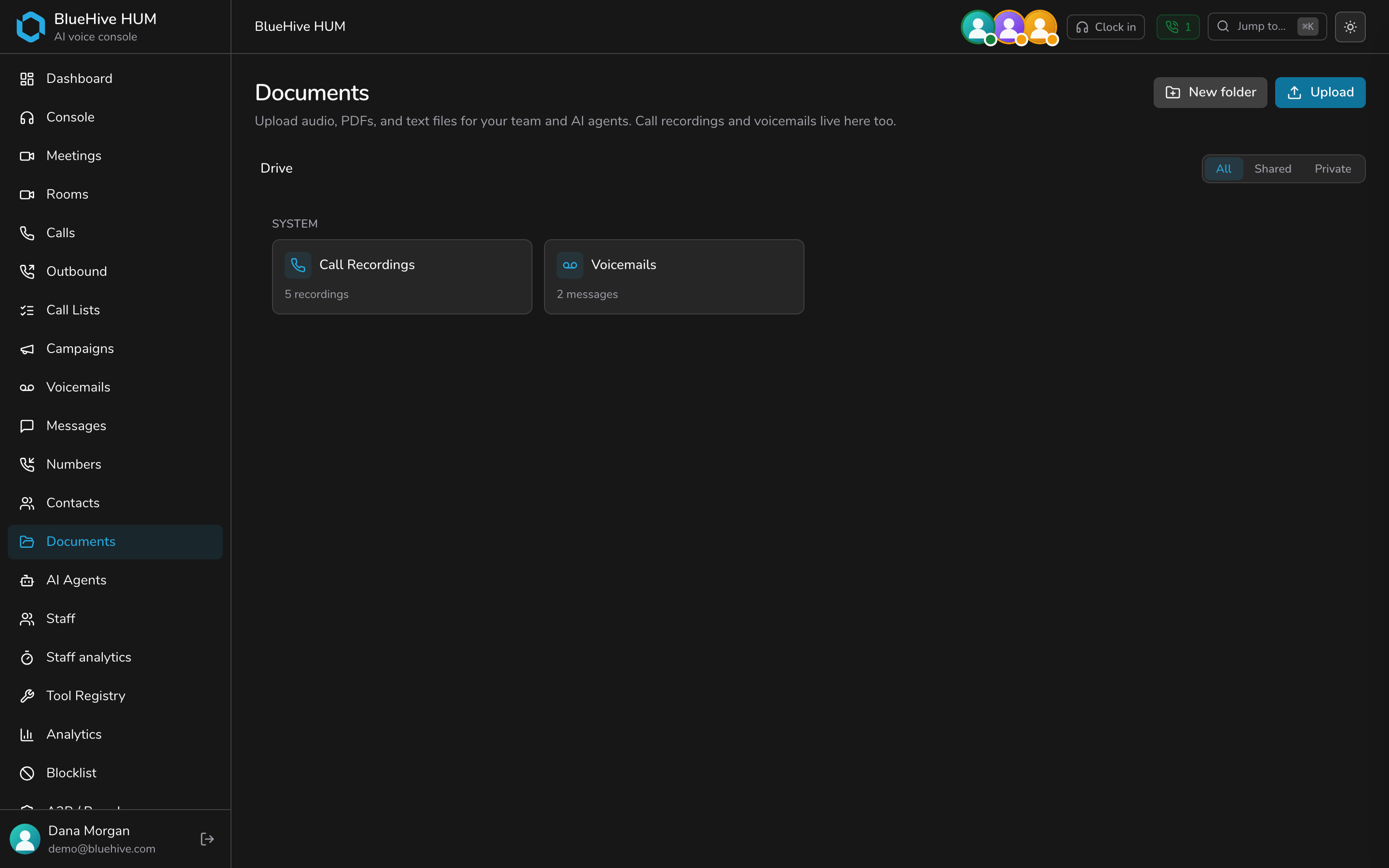 Documents — files, recordings, and agent knowledge — dark