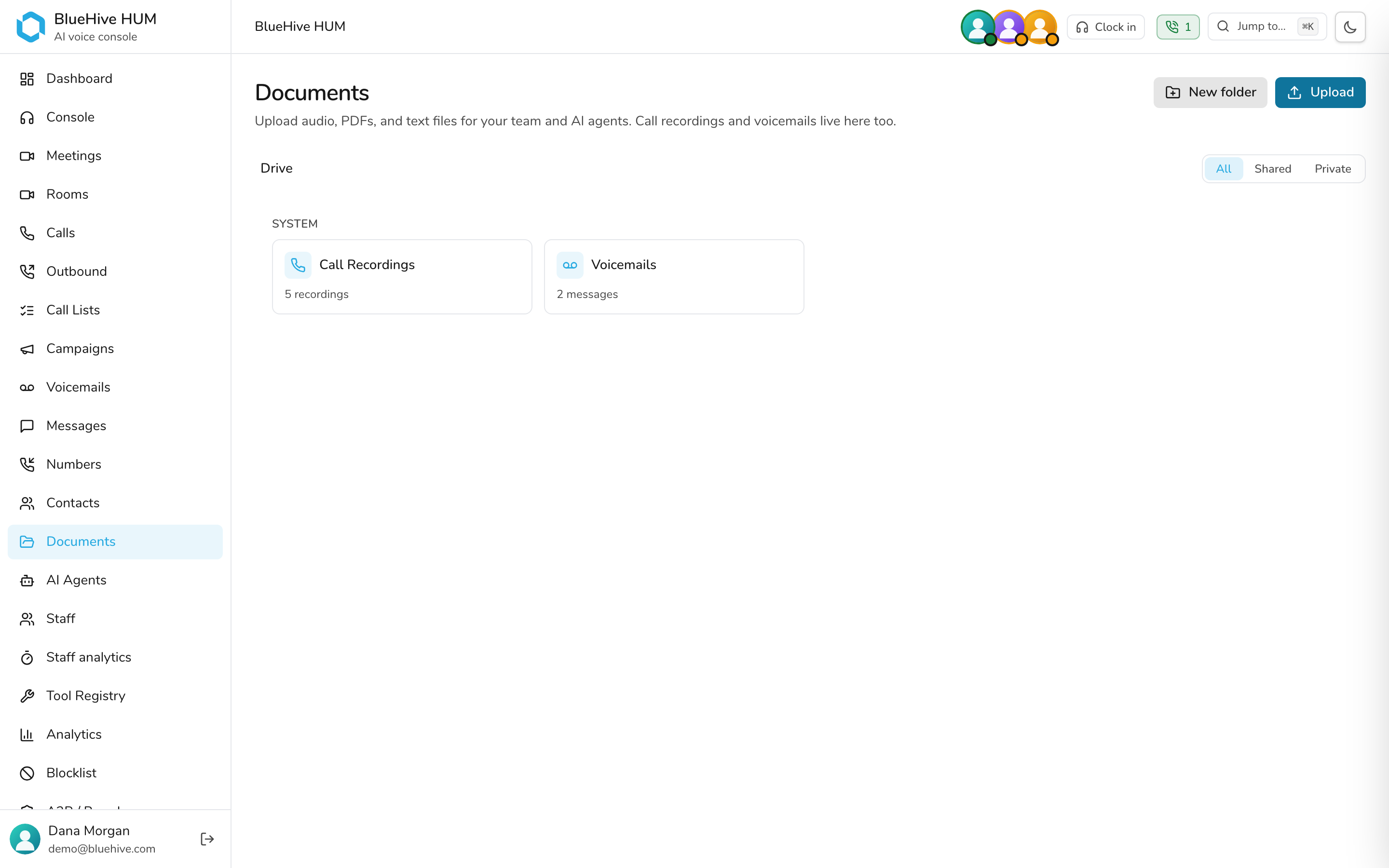 Documents — files, recordings, and agent knowledge — light