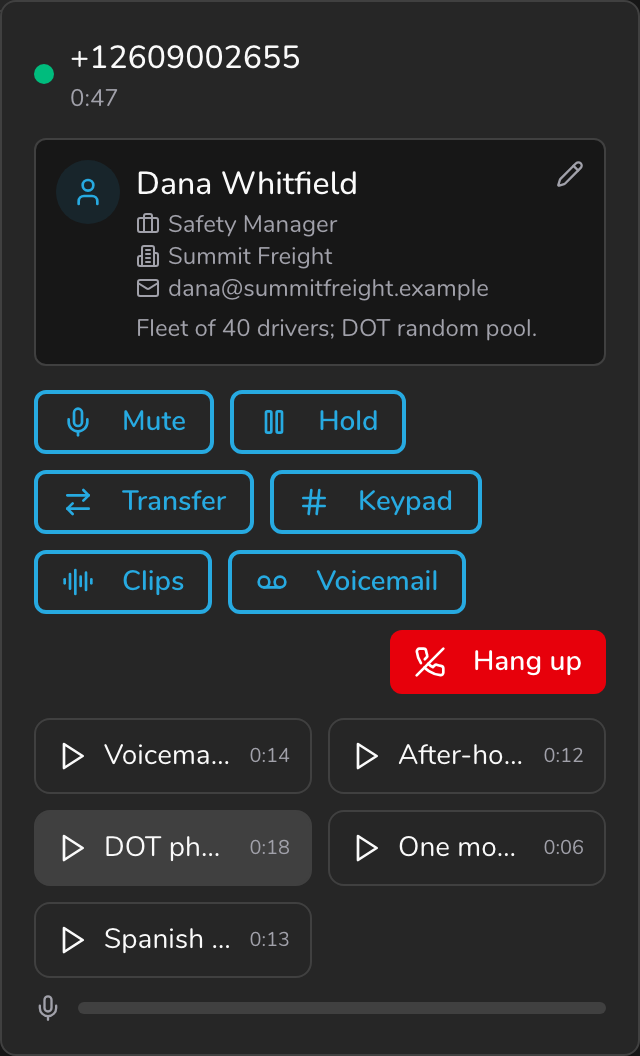 Drop a clip into a live call with one tap — dark